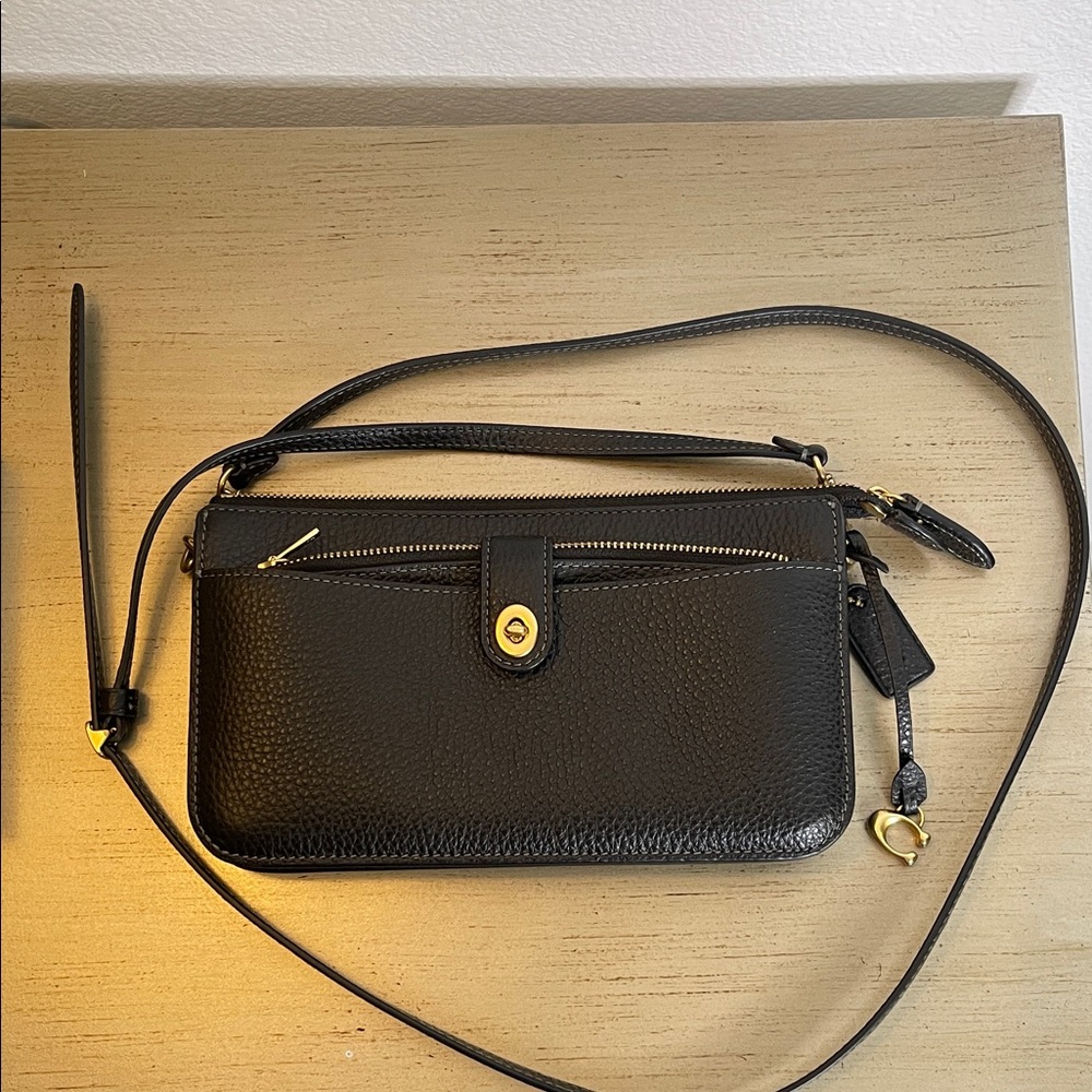 Coach Black Leather Crossbody Bag with Gold Accents